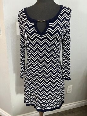 White House Black Market Navy and White Chevron Long-Sleeve Dress